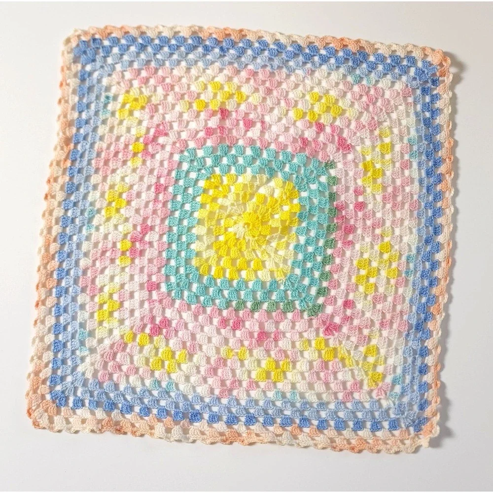 Vintage Crochet Doily Lot of 2 Blue and Pastel Rainbow Color